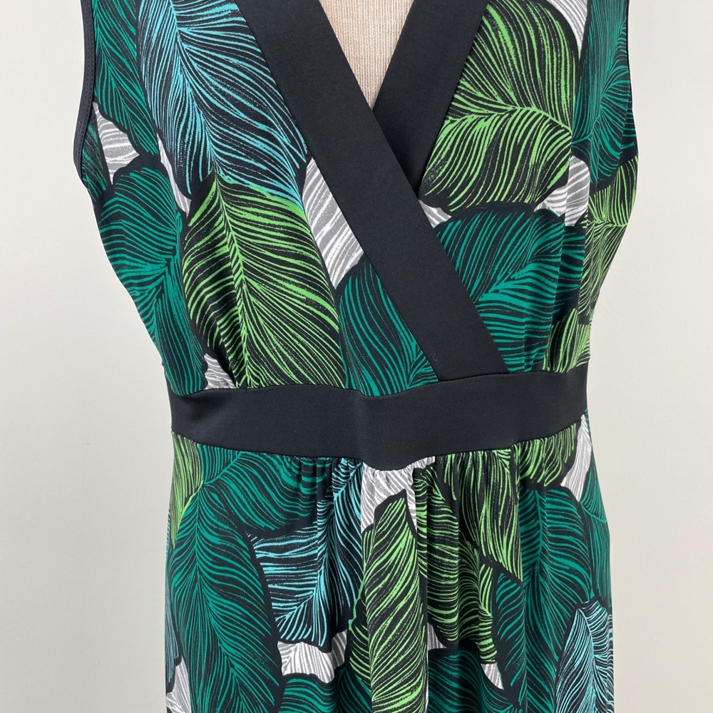 Susan Lawrence Womens Tropical Leaf Print Maxi Dress Green Black XL